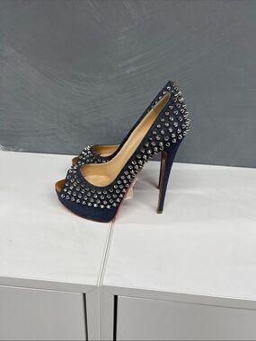 Christian Louboutin Navy Denim Peep-Toe Spike Red Bottom Platform Heels